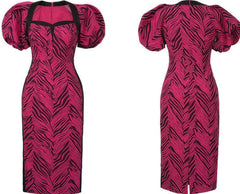 Puffy Sleeves Animal Print Midi Column Dress
