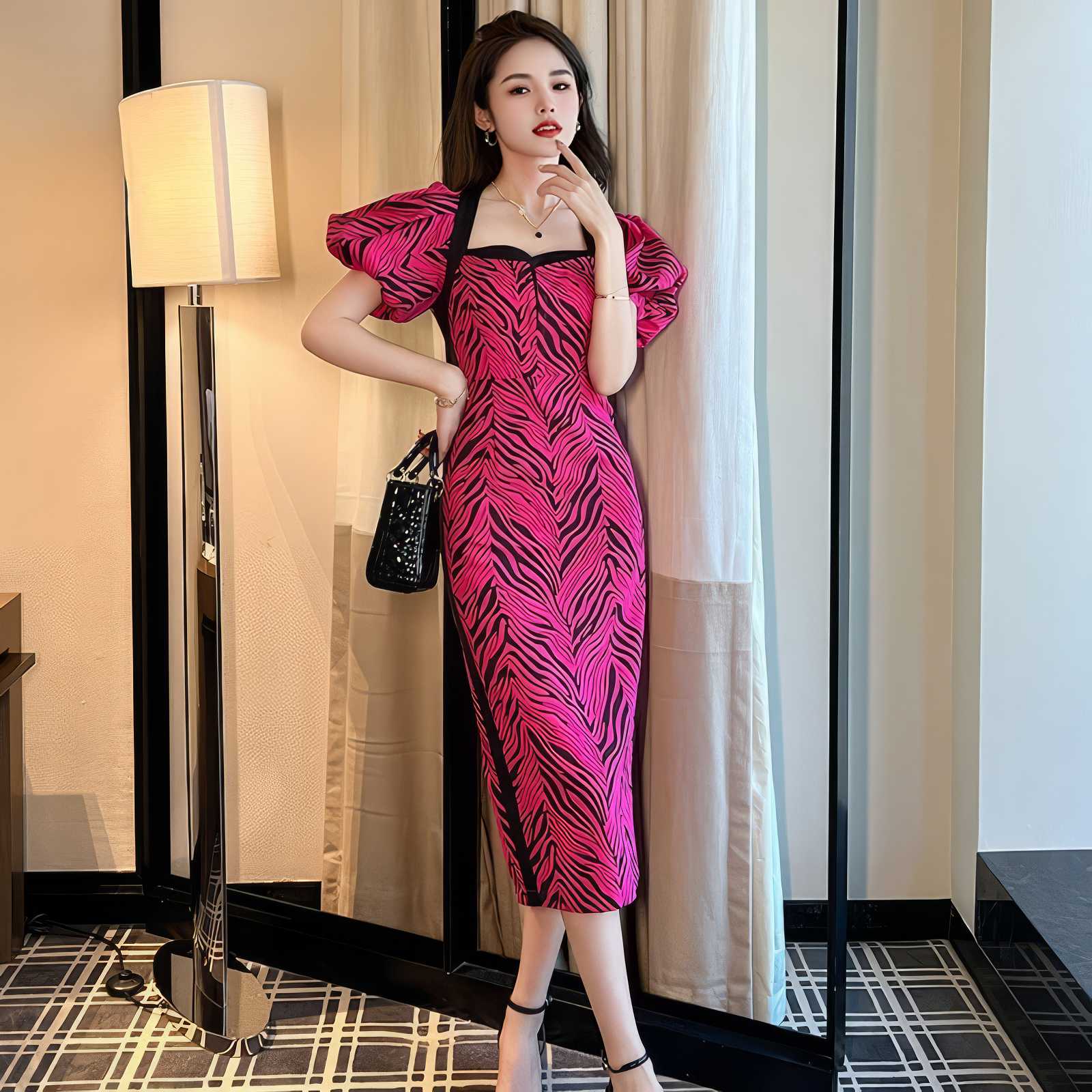 Puffy Sleeves Animal Print Midi Column Dress