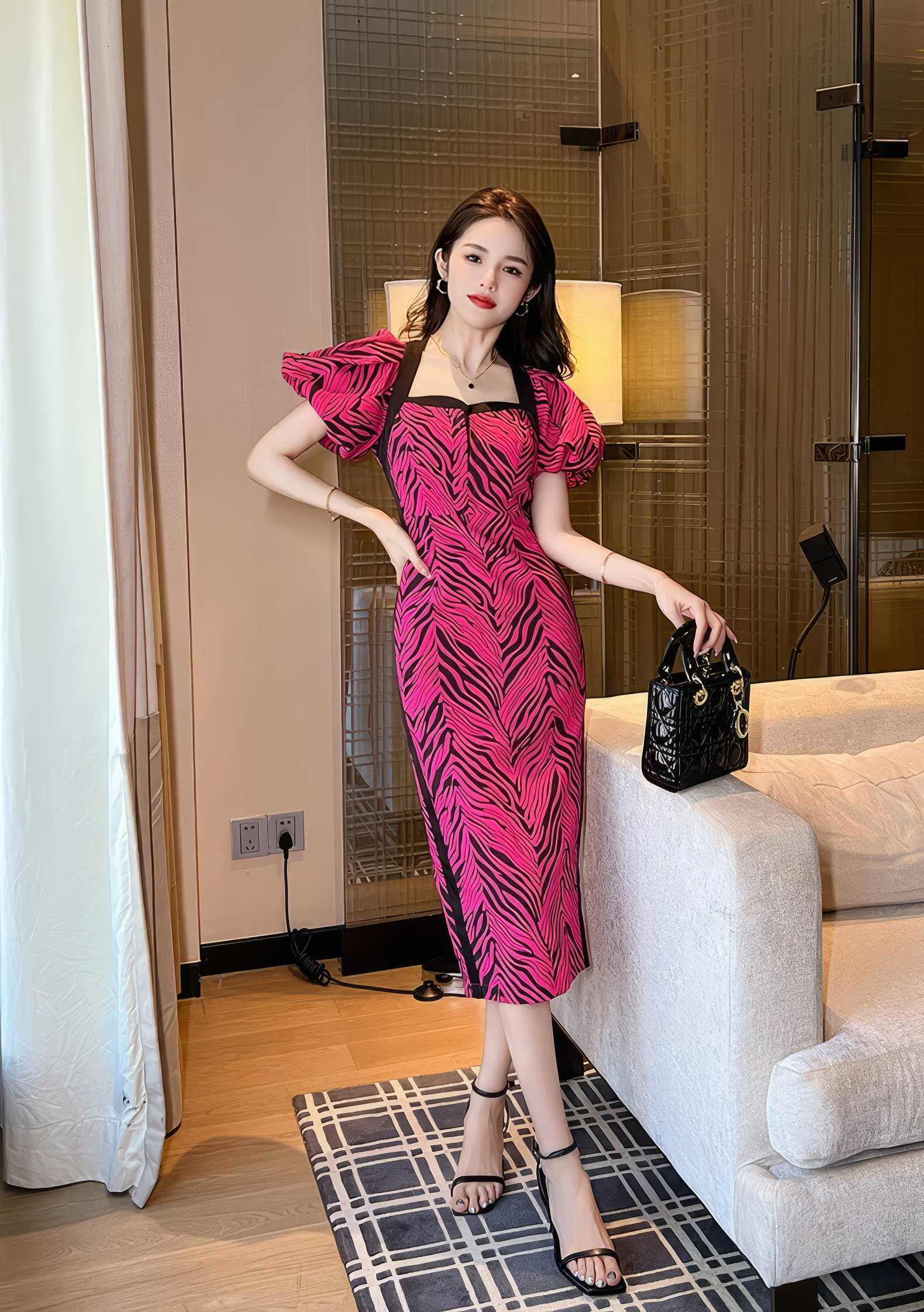 Puffy Sleeves Animal Print Midi Column Dress