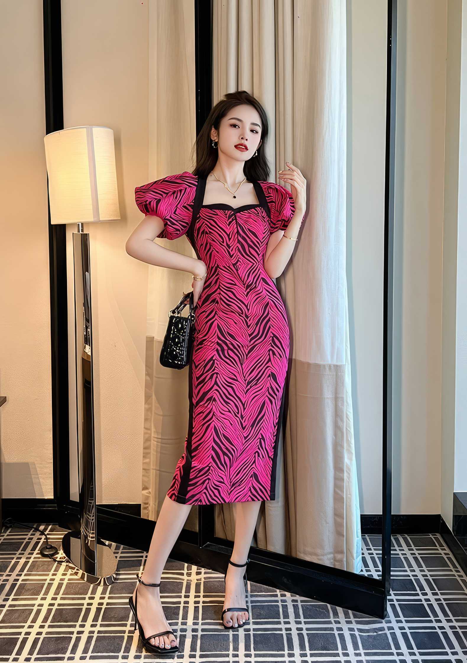 Puffy Sleeves Animal Print Midi Column Dress