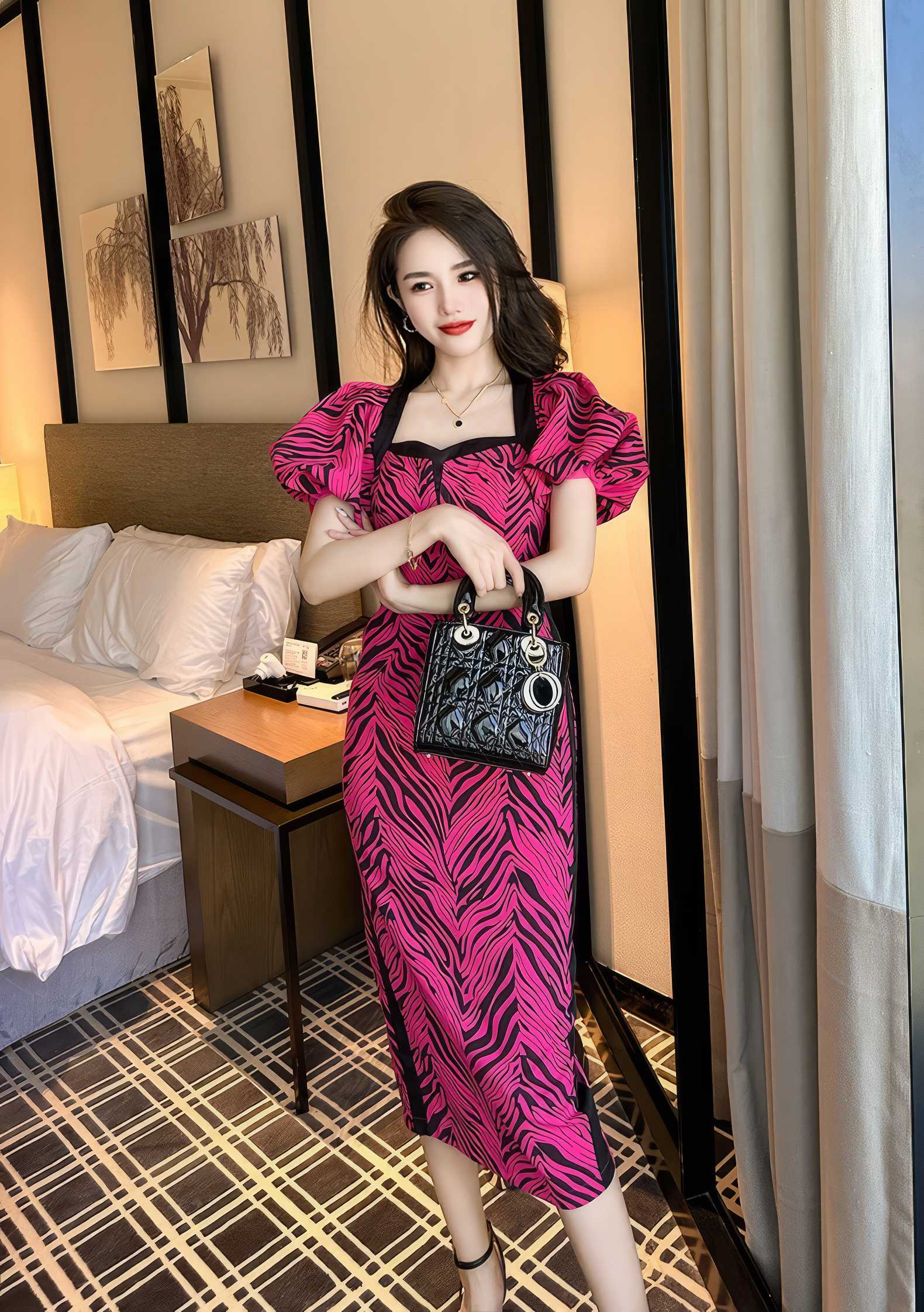 Puffy Sleeves Animal Print Midi Column Dress
