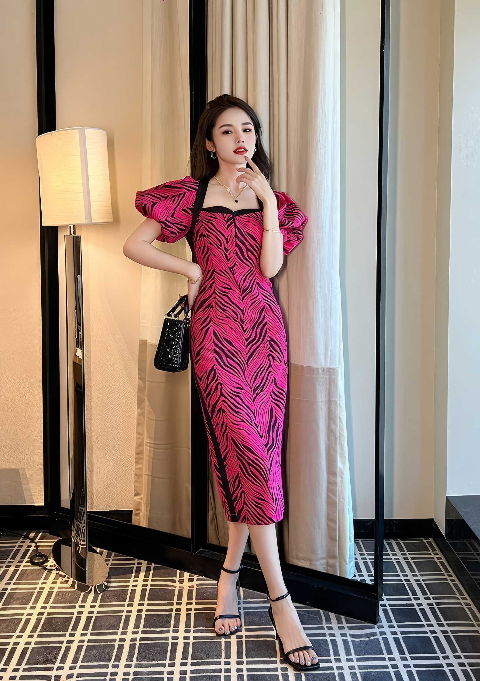 Puffy Sleeves Animal Print Midi Column Dress