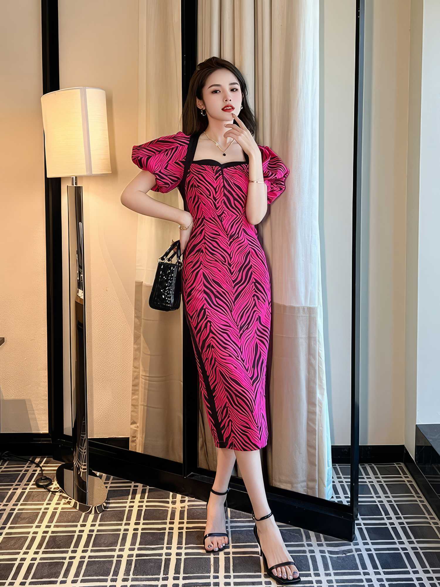 Puffy Sleeves Animal Print Midi Column Dress