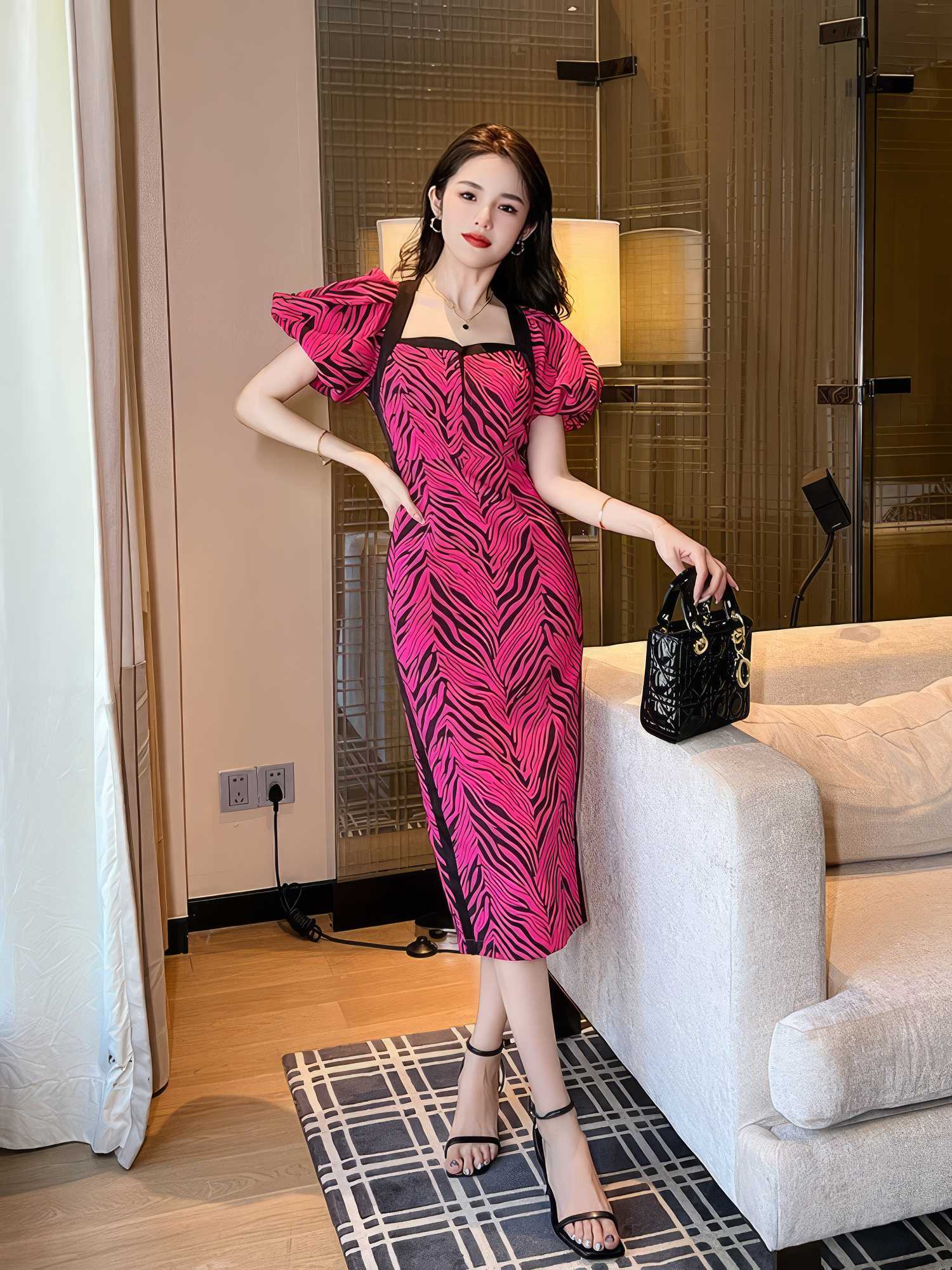 Puffy Sleeves Animal Print Midi Column Dress