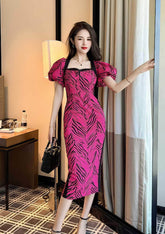 Puffy Sleeves Animal Print Midi Column Dress S / DeepPink