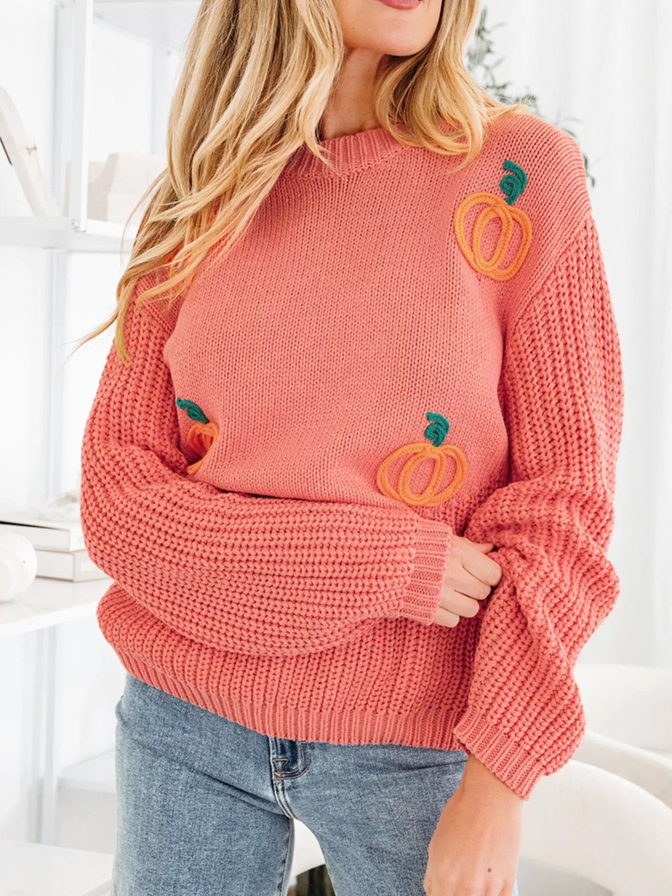 Pumpkin Embroidered Thanksgiving Holiday Sweater