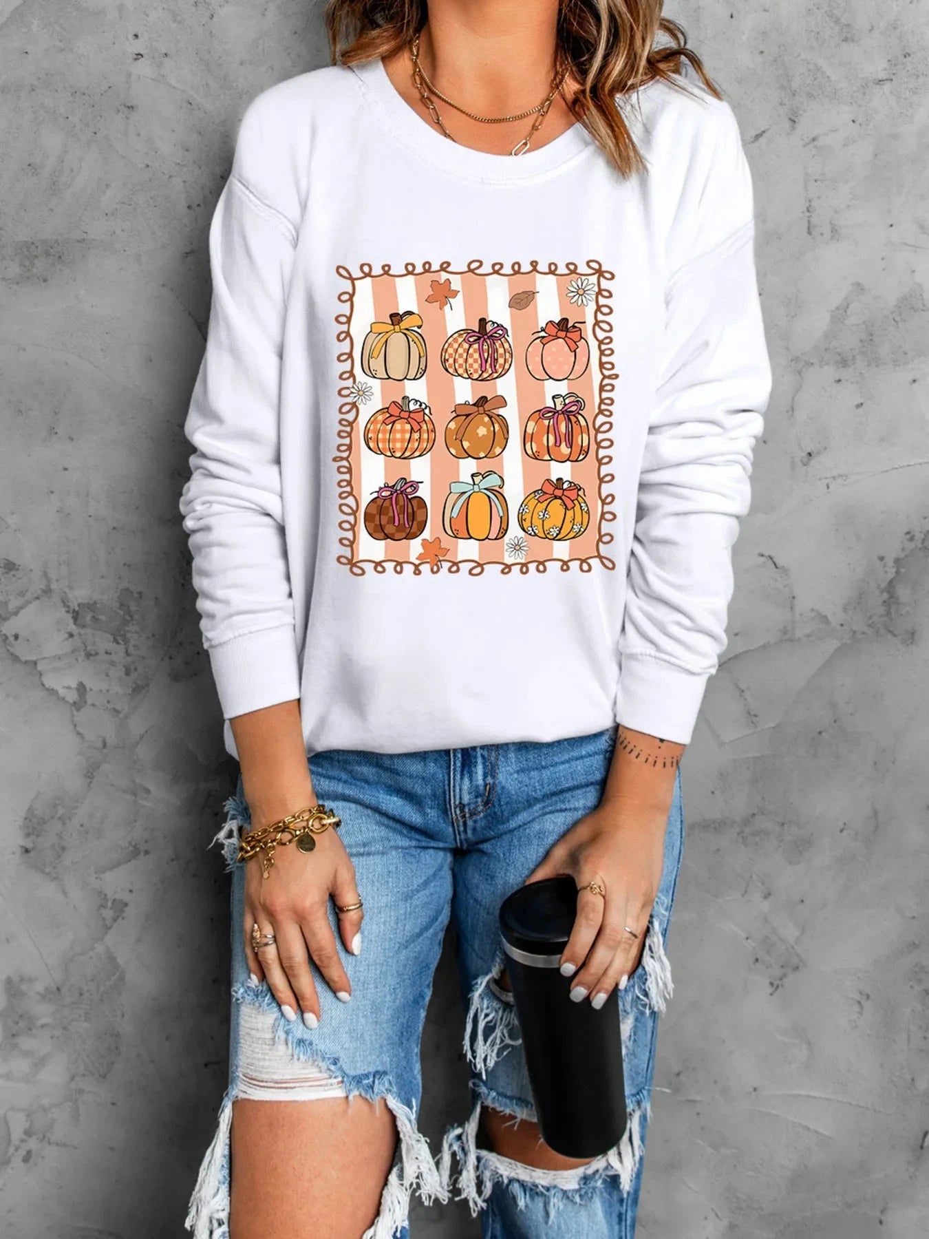 Pumpkin Graphic Round Neck Sweatshirt