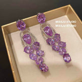 Purple Gemstone Dangle Gold Paved Crystal Earrings Purple