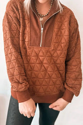 Quilted Half-Zip Long Sleeve Sweatshirt Caramel / S