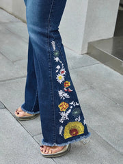 Raw Hem Embroidered High Waist Jeans