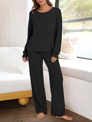 Relaxed Fit Ribbed Knit Top and Pants Set Black / S