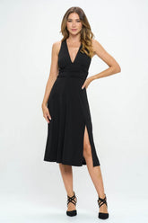 RENEE C Ruched Waist Sleeveless Slit Dress Black / S