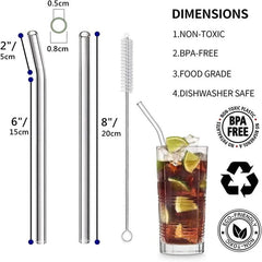 Reusable Glass Straws - Eco-friendly Drinking Straws for Smoothies, Milkshakes, Tea, Juice, Cocktails - Multi-Color Mixed Set with Brush
