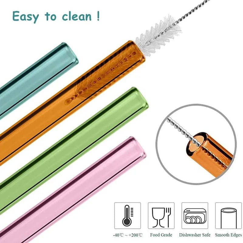 Reusable Glass Straws - Eco-friendly Drinking Straws for Smoothies, Milkshakes, Tea, Juice, Cocktails - Multi-Color Mixed Set with Brush