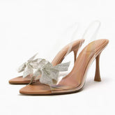 Rhinestone Bow Trimmed Vinyl Sandal Heels EU 34 / Brown / 9CM