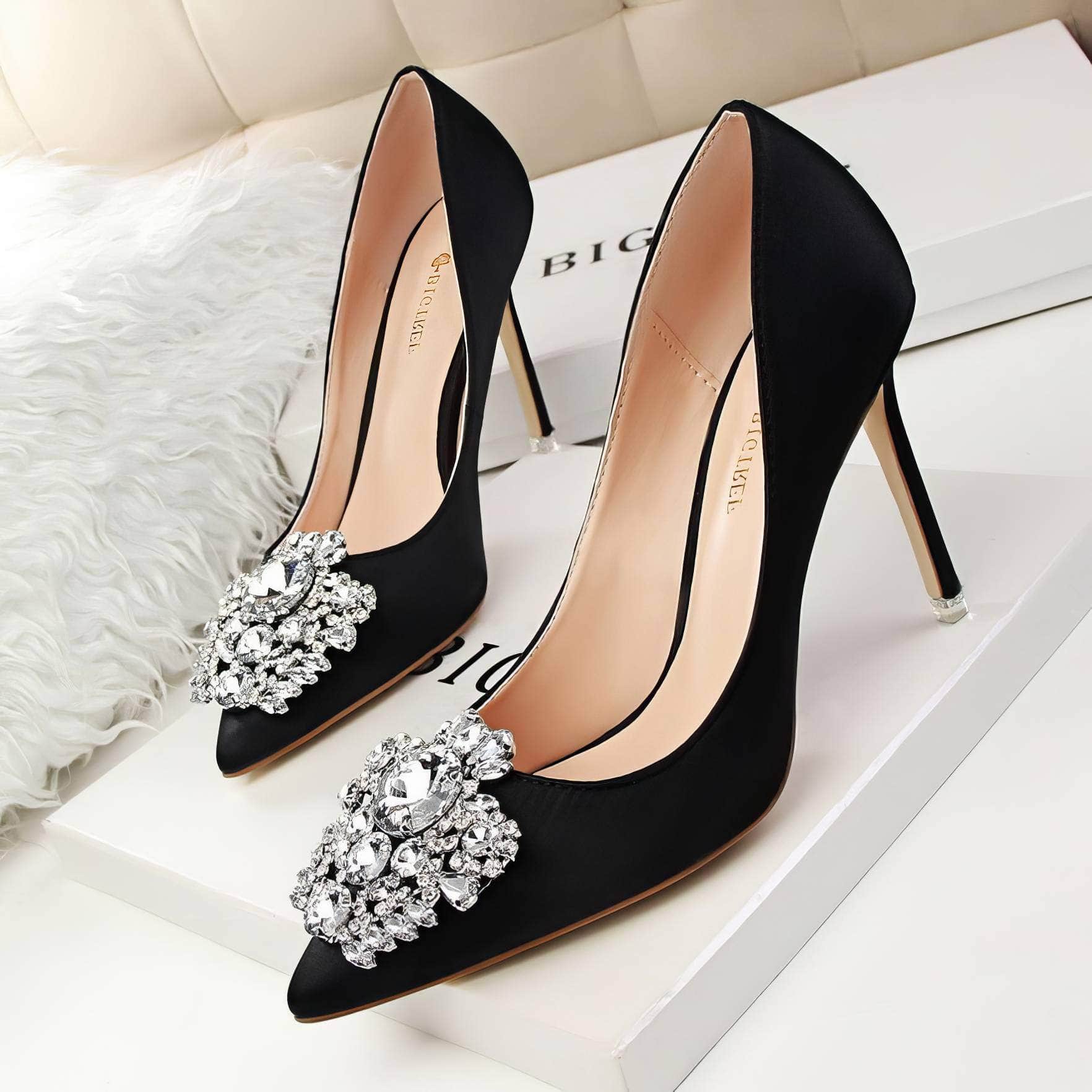 Rhinestone Crystal Silk Satin Heels EU 33 / Black / 10CM