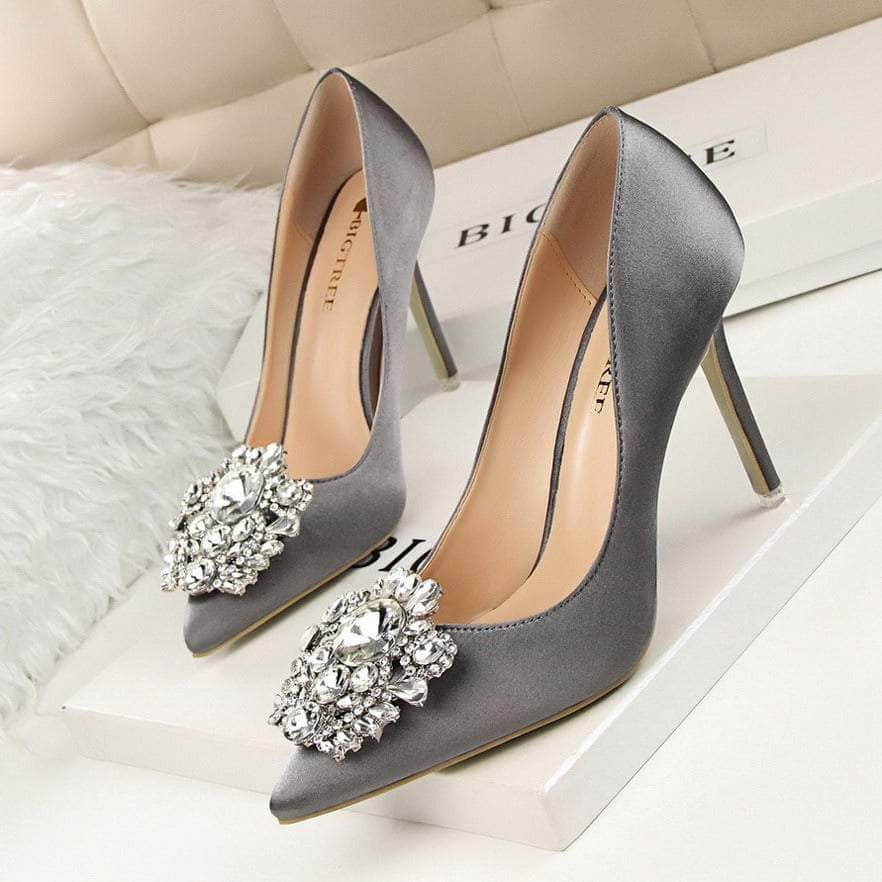Rhinestone Crystal Silk Satin Heels EU 33 / Gray / 10CM