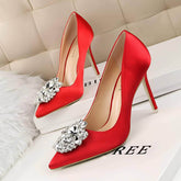 Rhinestone Crystal Silk Satin Heels EU 33 / Red / 10CM