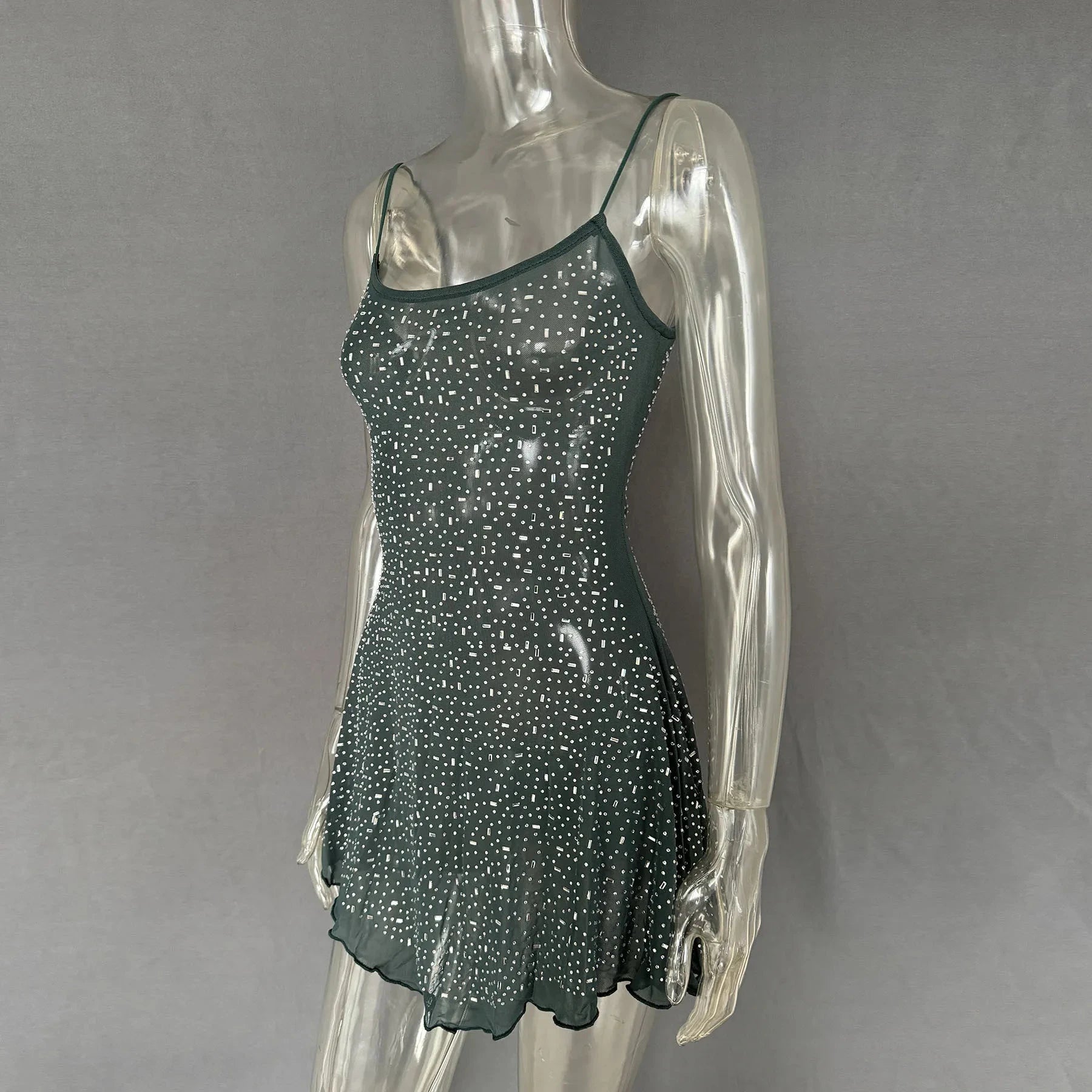 Rhinestone Decor Mini Cami Dress Green / S