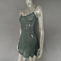 Rhinestone Decor Mini Cami Dress Green / S