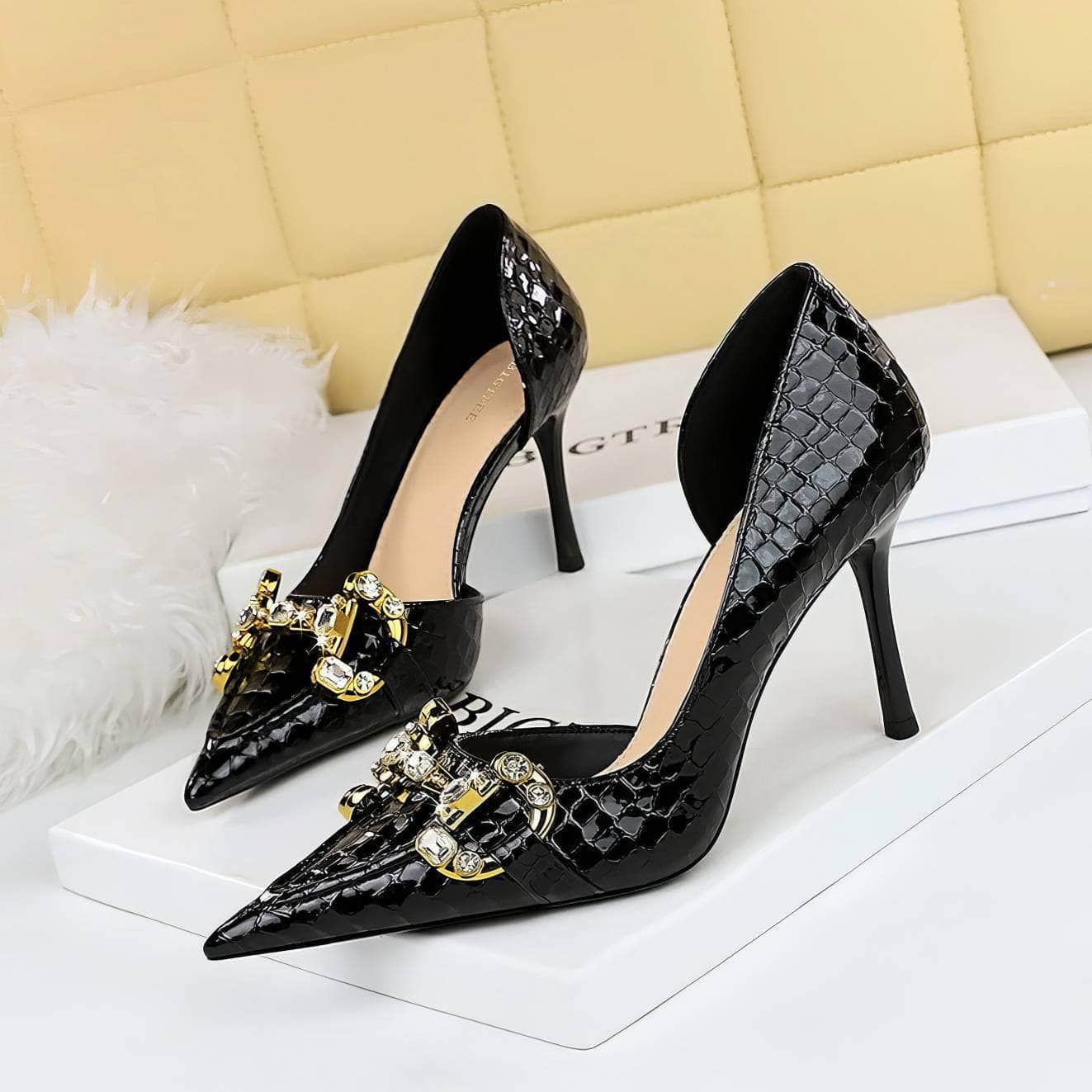 Rhinestone Decorated Croc Pump High Heels