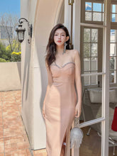 Rhinestone- Embellished Cupped Tube Bodycon Dress M / Tan