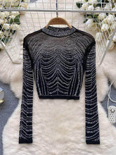 Rhinestone Embellished Long Sleeve Mesh Top MAX SIZE / Black