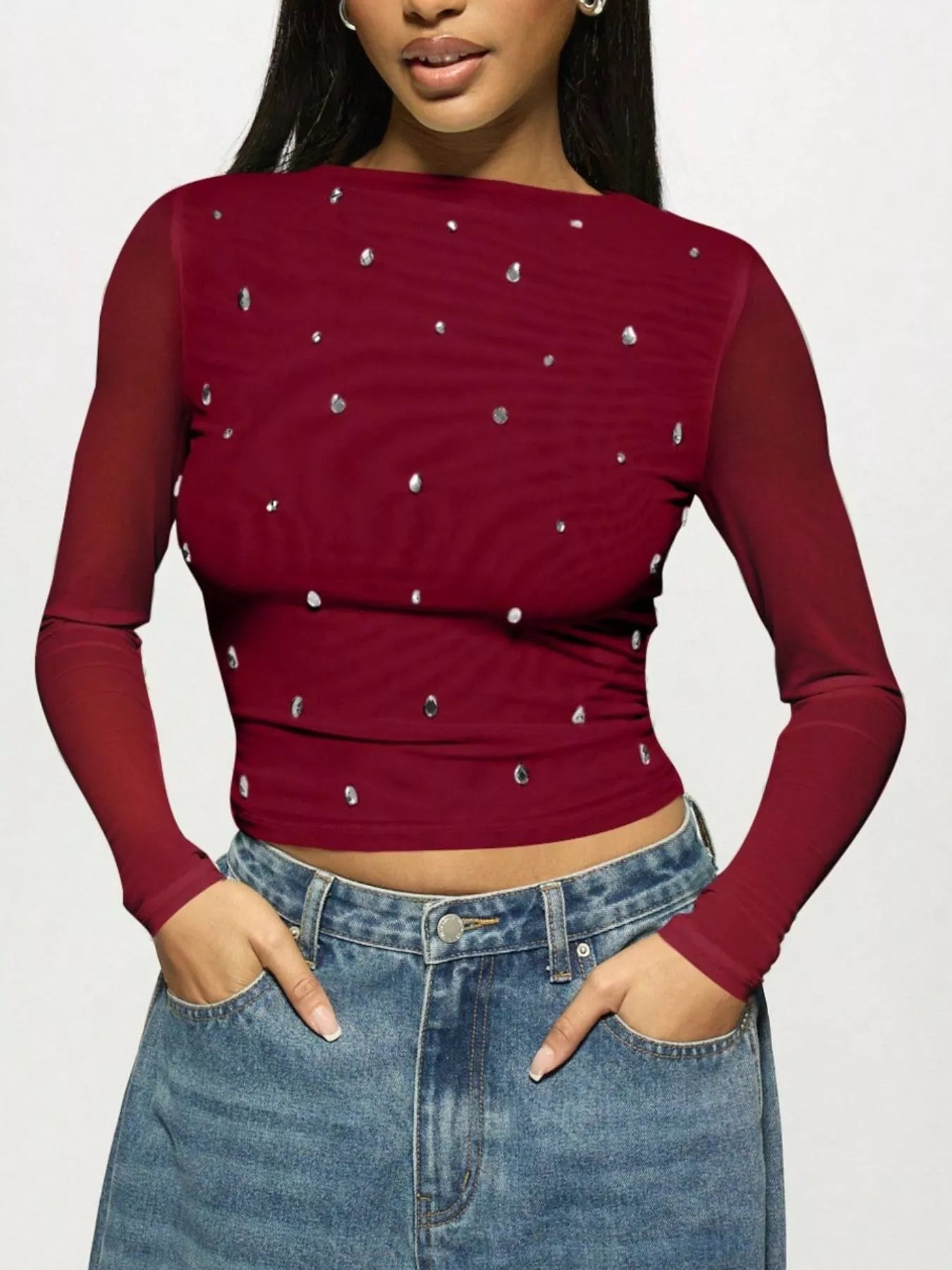 Rhinestone Embellished Long Sleeve T-Shirt Burgundy / S