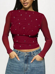 Rhinestone Embellished Long Sleeve T-Shirt Burgundy / S