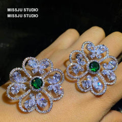 Rhinestone Inlaid Emerald Stone Round Earrings Green