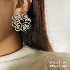 Rhinestone Inlaid Emerald Stone Round Earrings Green