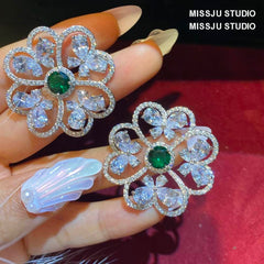 Rhinestone Inlaid Emerald Stone Round Earrings Green