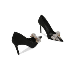 Rhinestone Metal Bow Embellished Pointed Toe Heels