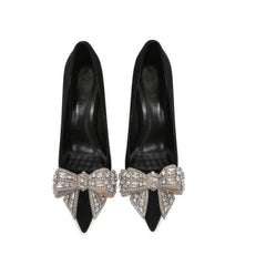 Rhinestone Metal Bow Embellished Pointed Toe Heels