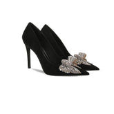 Rhinestone Metal Bow Embellished Pointed Toe Heels EU 34 / Black / 8.5CM