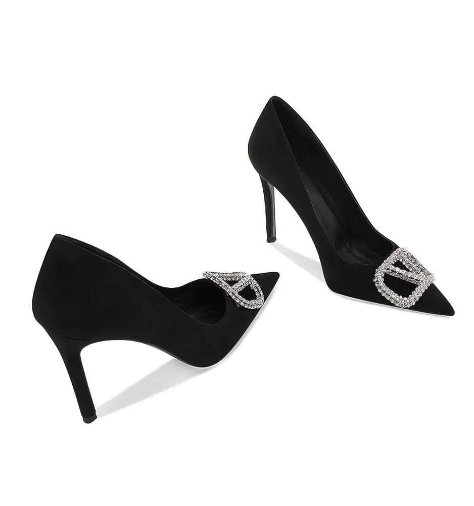 Rhinestone Metal Suede Pointy Toe Heels