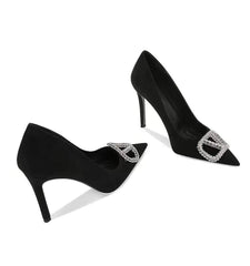 Rhinestone Metal Suede Pointy Toe Heels
