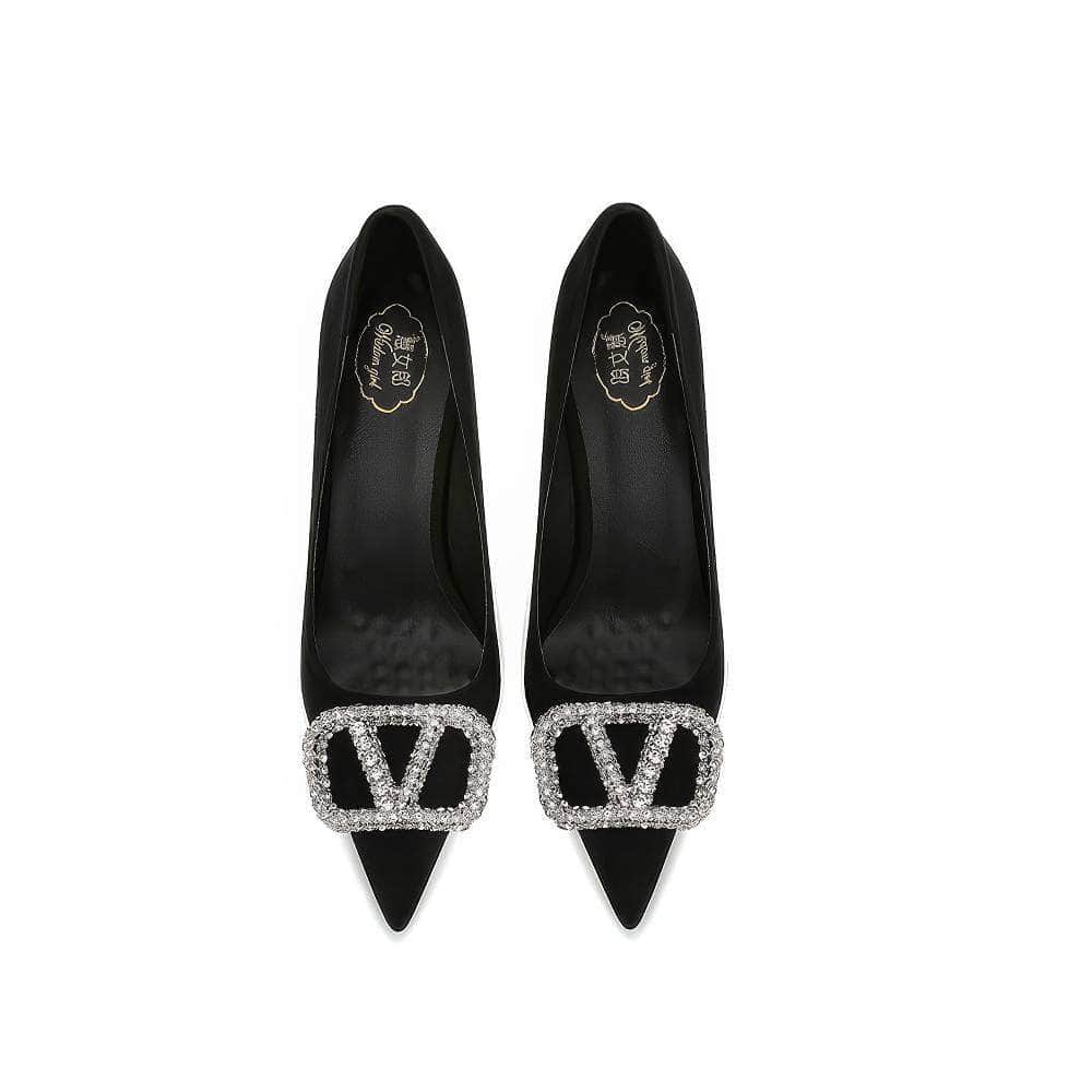 Rhinestone Metal Suede Pointy Toe Heels