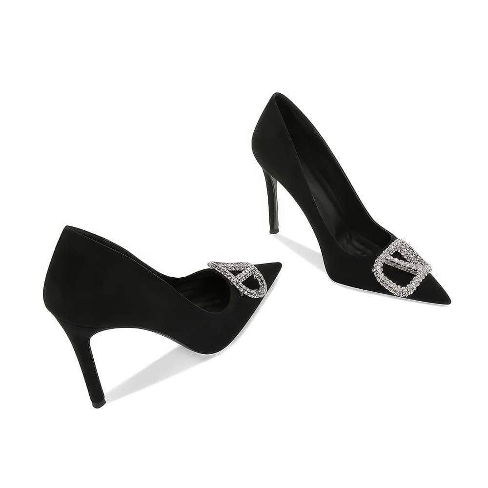 Rhinestone Metal Suede Pointy Toe Heels