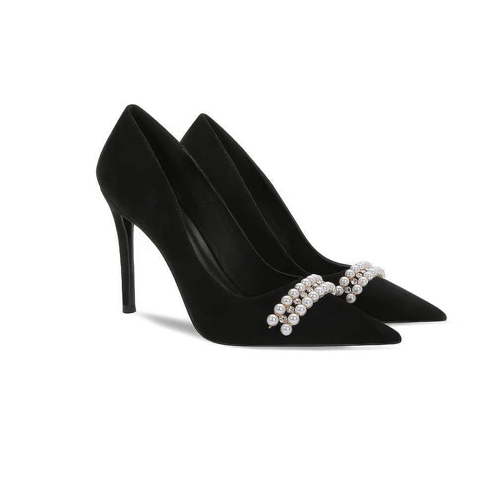 Rhinestone Pearl Decorated Satin Court Heels EU 31 / Black / 6.5CM