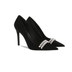 Rhinestone Pearl Decorated Satin Court Heels EU 31 / Black / 6.5CM