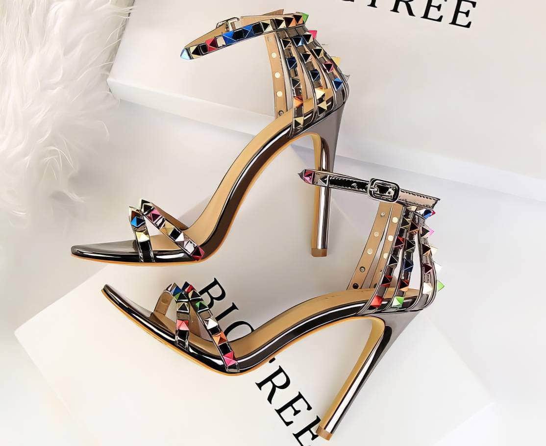 Rhinestone Rivet Studded High Heels Sandals