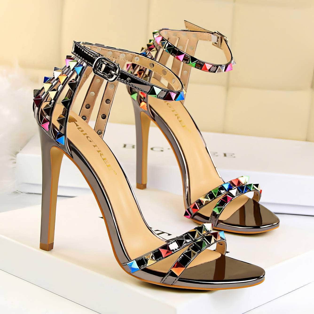 Rhinestone Rivet Studded High Heels Sandals