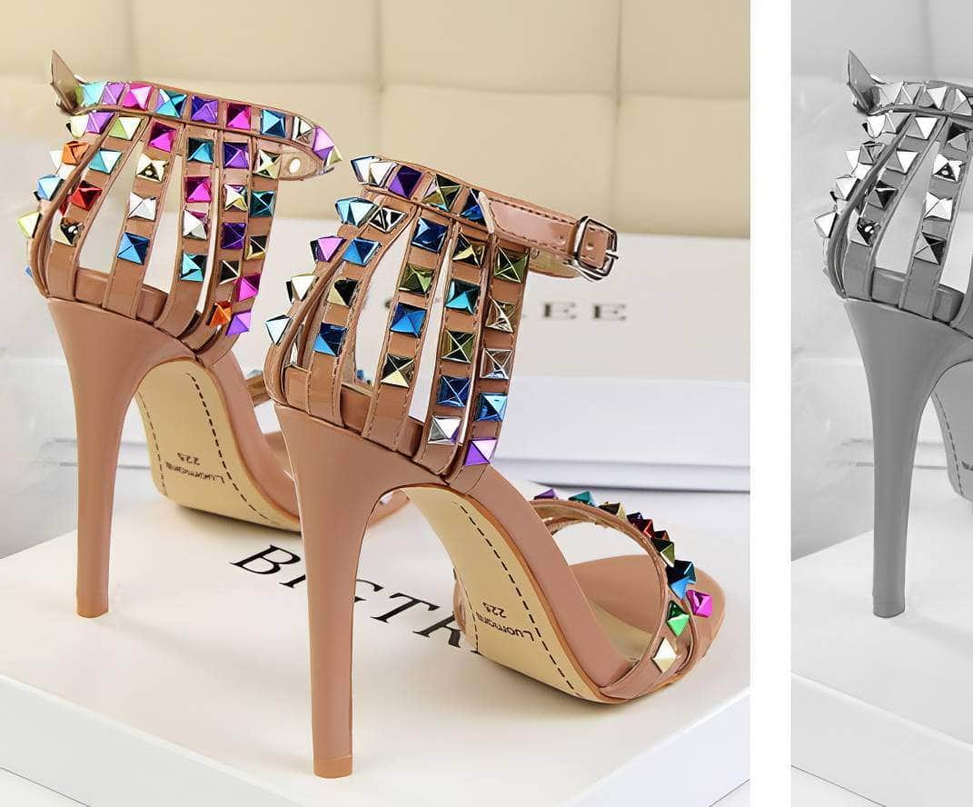 Rhinestone Rivet Studded High Heels Sandals