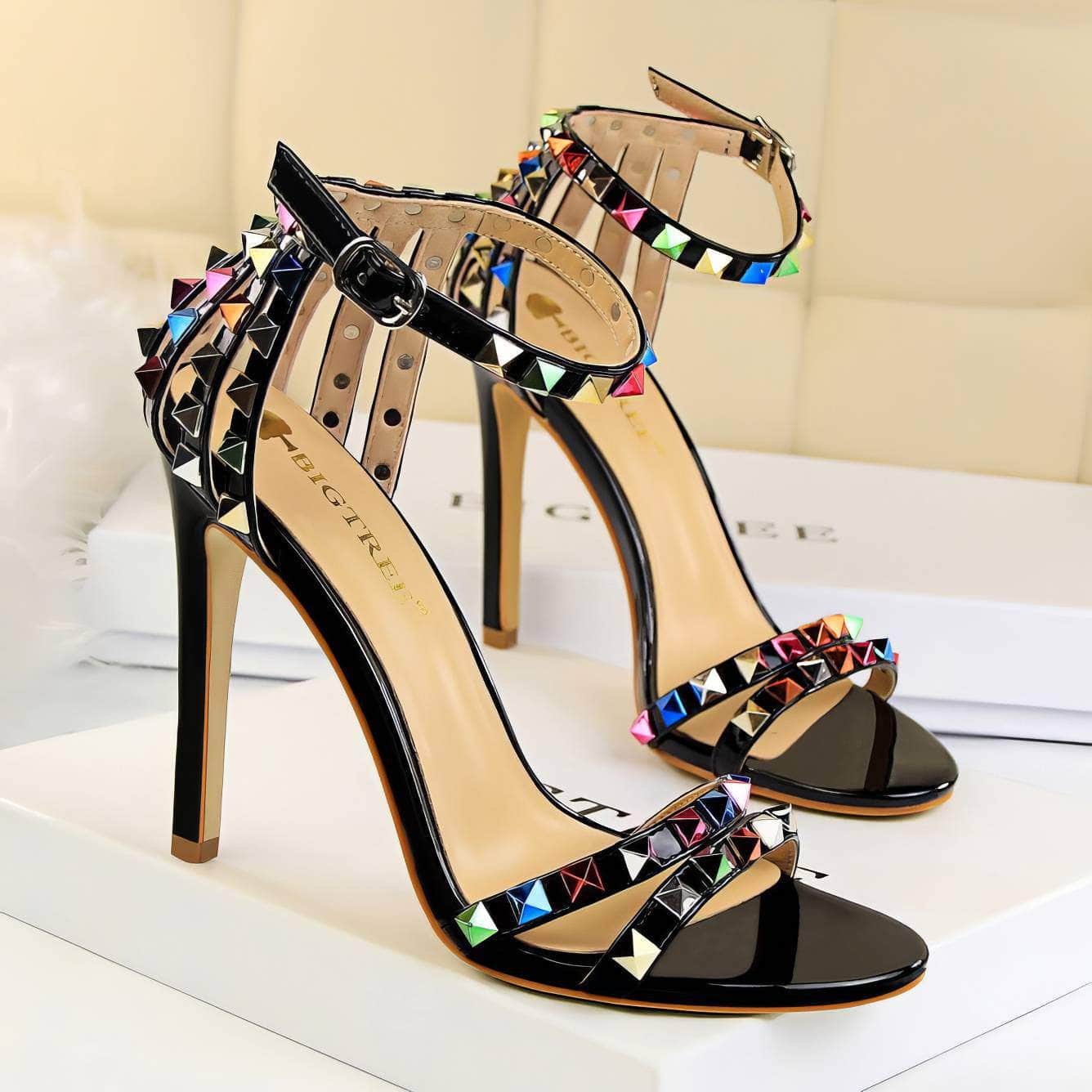 Rhinestone Rivet Studded High Heels Sandals