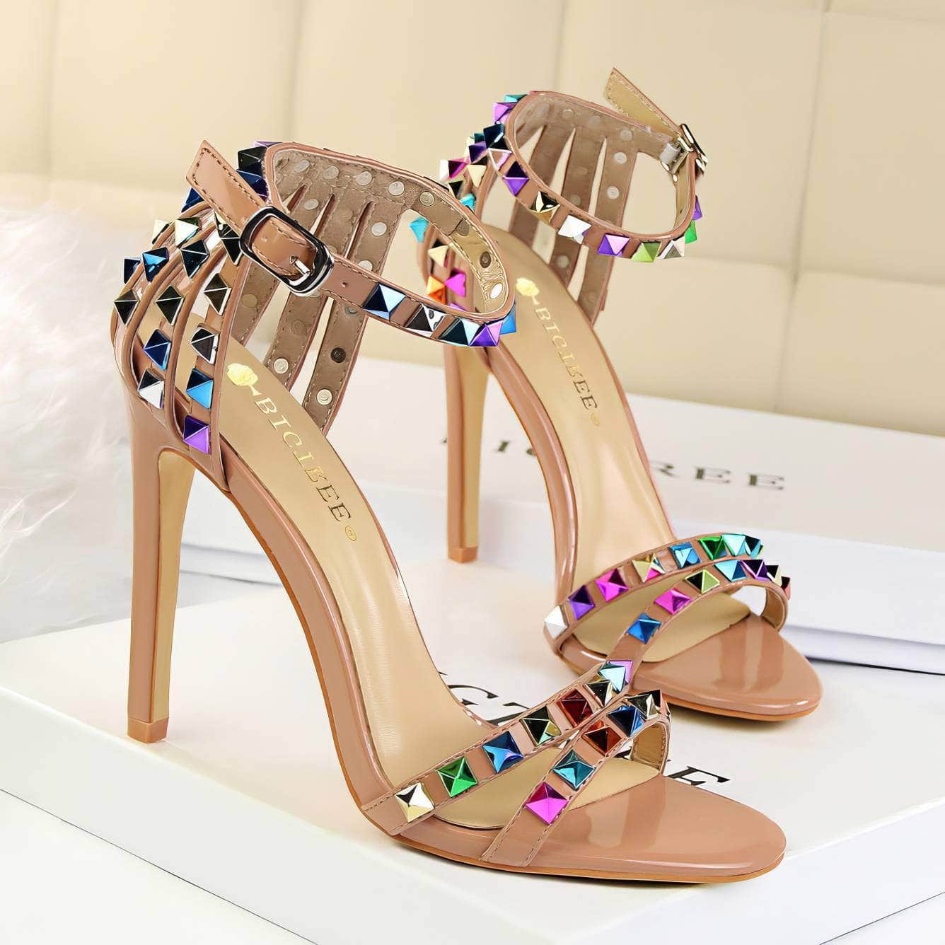 Rhinestone Rivet Studded High Heels Sandals