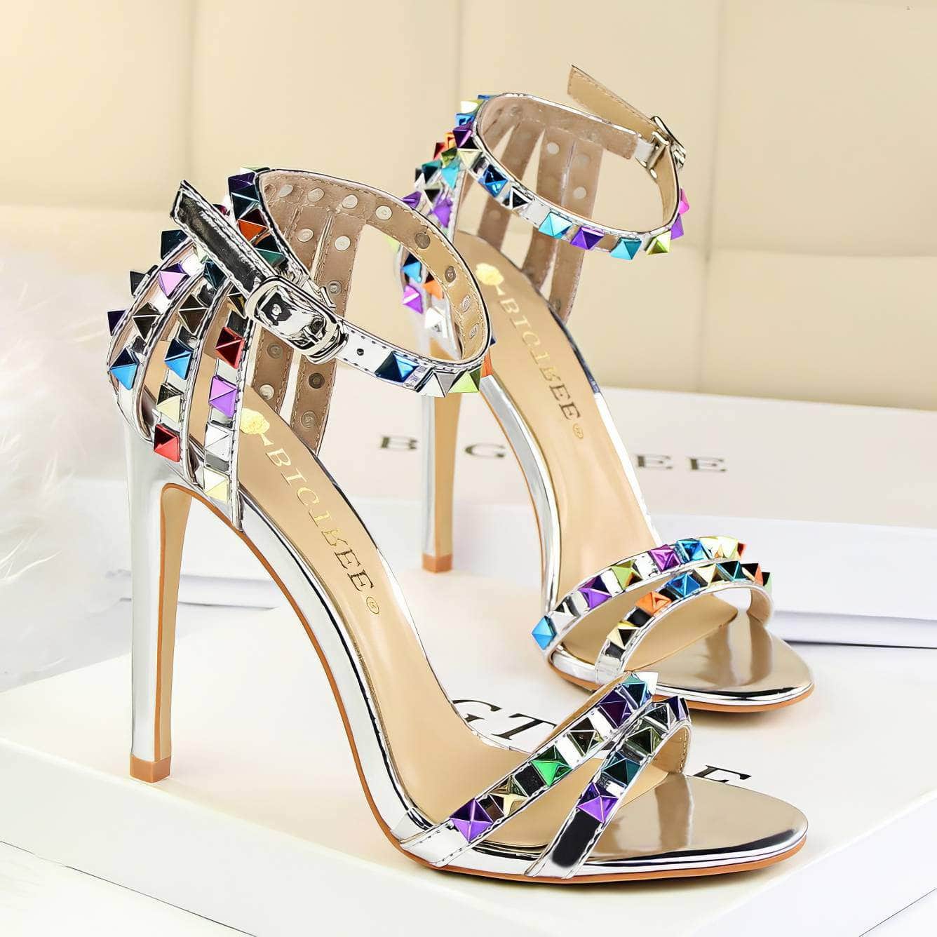 Rhinestone Rivet Studded High Heels Sandals