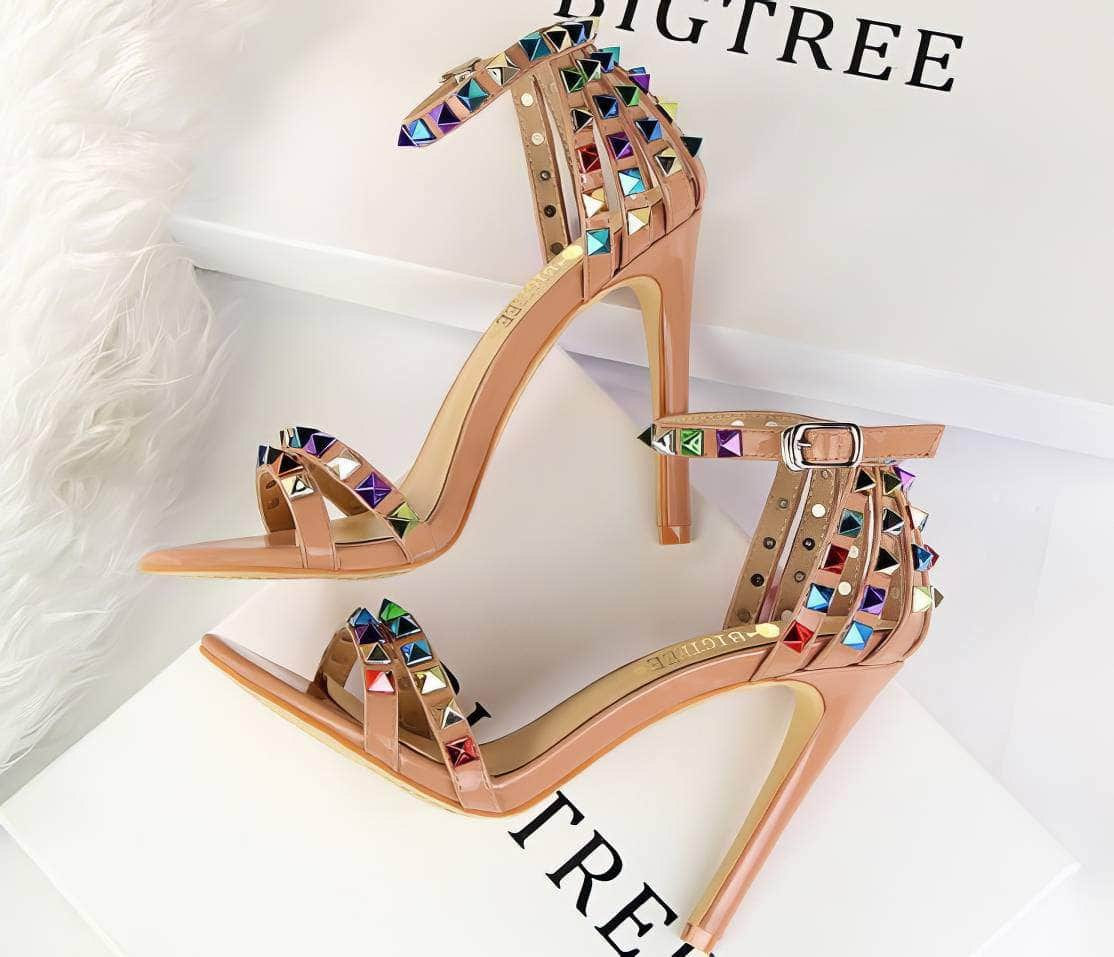 Rhinestone Rivet Studded High Heels Sandals
