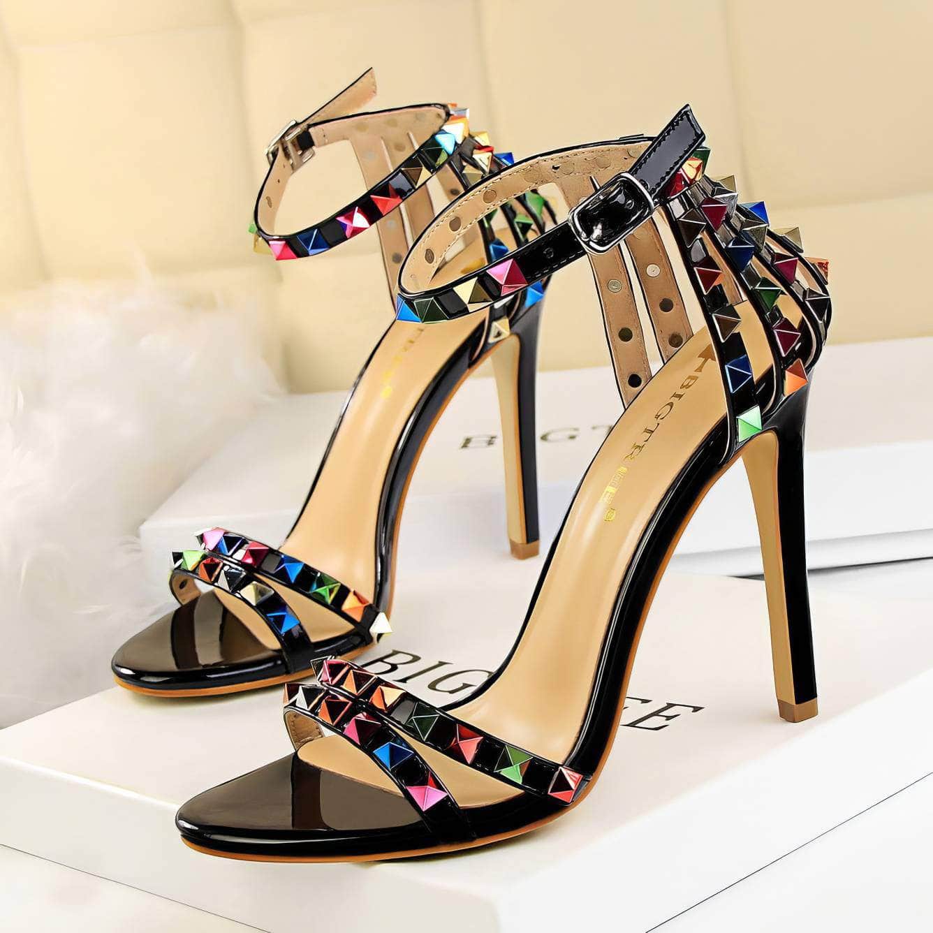 Rhinestone Rivet Studded High Heels Sandals EU 33 / Black / 11CM