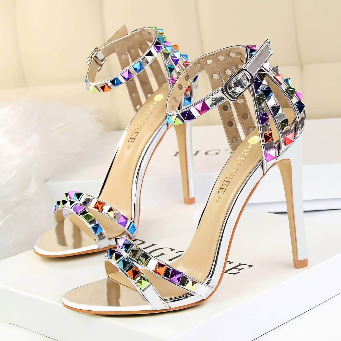 Rhinestone Rivet Studded High Heels Sandals EU 33 / SandyBrown / 11CM